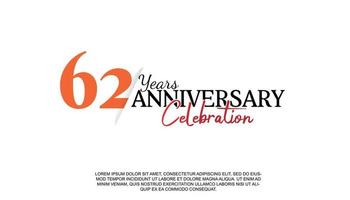 62 years anniversary logotype number with red and black color for celebration event isolated vector