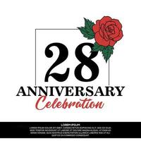 28th anniversary celebration logo vector design with red rose flower with black color font on white background abstract