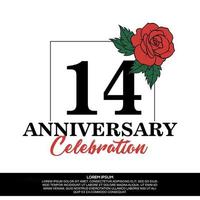 14th anniversary celebration logo vector design with red rose flower with black color font on white background abstract