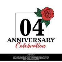 04th anniversary celebration logo vector design with red rose flower with black color font on white background abstract