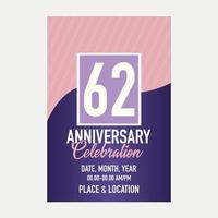 Vector 62nd years anniversary vector invitation card. template of invitational for print design