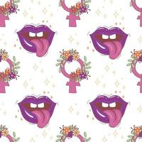 Seamless pattern with female gender symbol and lips in doodle style. Feminist print for clothes, textiles, wrapping paper vector