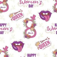 Seamless feminist pattern for March 8 with lettering you are the queen and happy women's day, lips in doodle style vector