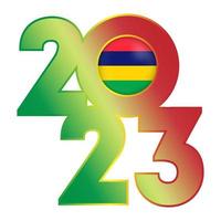 Happy New Year 2023 banner with Mauritius flag inside. Vector illustration.