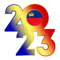 Happy New Year 2023 banner with Liechtenstein flag inside. Vector illustration.