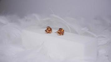 Beautiful gold earrings close-up on a white background photo