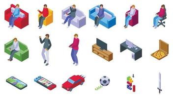 Men playing video games icons set isometric vector. Virtual gamer vector