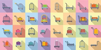 Luggage trolley icons set flat vector. Business bag vector