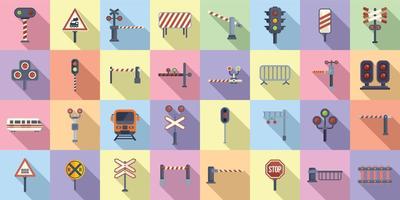 Railway crossing icons set flat vector. Signal alert vector