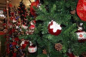 christmas tree decorations at street market photo