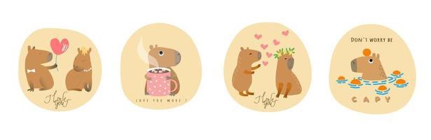 Set of stickers, badge with cute cartoon capybaras. Yellow background. Vector illustration.