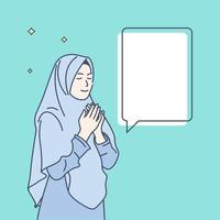 Muslim young woman praying open her arm, hand drawn style vector design illustrations