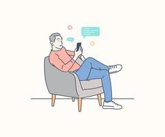 A man busy with smart phone on the sofa, hand drawn style vector design illustration