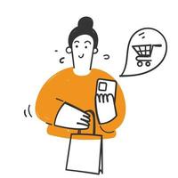 mano dibujado garabatear persona compra orden desde móvil Tienda ilustración vector