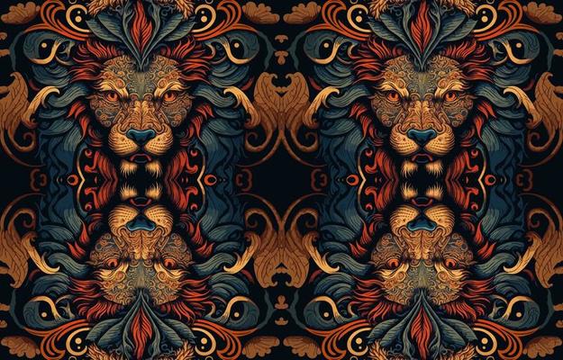 Ethnic lion fabric pattern. Abstract traditional folk antique graphic line lion. Fabric textile lion vector illustration ornate elegant luxury vintage retro style. Art print design for clothing etc.