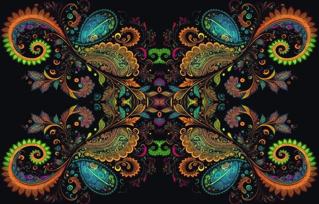 Paisley seamless pattern glow in the dark background. Abstract traditional folk antique ethnic tribal graphic paisley line. Texture textile fabric vector illustration ornate elegant luxury style.