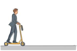 un dibujo de línea continua de un joven trabajador que monta un scooter eléctrico para ir a la oficina. transporte verde. concepto de estilo de vida urbano futuro. Ilustración de vector de diseño de dibujo de línea única dinámica