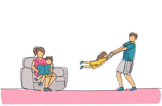 One single line drawing of young father playing with daughter while mother sitting on sofa and reading book to son vector illustration. Happy family parenting concept. Continuous line draw design