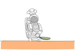 One continuous line drawing astronaut chef frying delicious dish for dinner with pan. Healthy cuisine food menu on space restaurant concept. Dynamic single line draw graphic design vector illustration