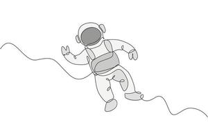 Single continuous line drawing of young cosmonaut scientist discovering spacewalk universe in vintage style. Astronaut cosmic traveler concept. Trendy one line draw design vector graphic illustration