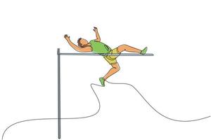 One single line drawing of young energetic man success to pass the bar on high jump match vector illustration. Healthy athletic sport concept. Competition event. Modern continuous line draw design