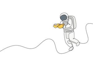 Single continuous line drawing of floating science astronaut in spacewalk reading space map. Fantasy deep space exploration, fiction concept. Trendy one line draw graphic design vector illustration