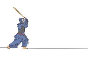 un dibujo de una sola línea de un joven enérgico ejerciendo habilidad de ataque en kendo con espada de madera en la ilustración vectorial del centro de gimnasio. concepto de deporte de lucha combativa. diseño moderno de dibujo de línea continua vector