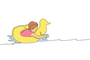 Single continuous line drawing of young happy boy playing with floating ring in gym swimming pool center. Summer holidays and vacation concept. Trendy one line draw graphic design vector illustration