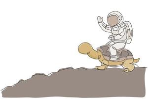 One continuous line drawing of spaceman take a walk riding a tortoise and waving hand in moon surface. Deep space safari journey concept. Dynamic single line draw design vector illustration graphic