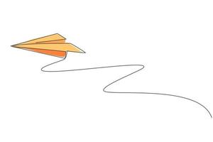 Single continuous line drawing of flying paper plane on sky. Origami toy concept. Trendy one line draw graphic design vector illustration