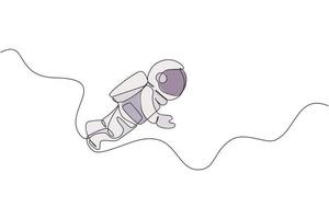 One single line drawing of young astronaut in spacesuit flying at outer space vector illustration. Spaceman adventure galactic space concept. Modern continuous line draw design graphic