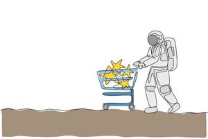 One continuous line drawing of young astronaut pushing trolley with stars inside and buying toy in supermarket. Cosmic galaxy space concept. Dynamic single line draw design vector graphic illustration