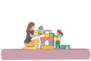 Single continuous line drawing of young mother playing with daughter building house from foam puzzle blocks toy at home, parenthood. Family parenting concept. One line draw design vector illustration