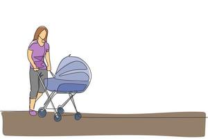 One continuous line drawing of young happy mother pushing baby trolley at outdoor park. Happy loving parenting family concept. Dynamic single line draw graphic design vector illustration