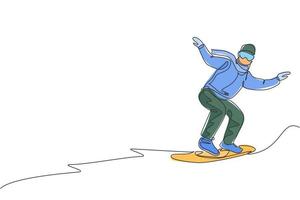 un solo dibujo de línea joven hombre enérgico snowboarder paseo rápido snowboard en la ilustración de vector gráfico de montaña nevada. concepto de deporte de estilo de vida de vacaciones turísticas. diseño moderno de dibujo de línea continua
