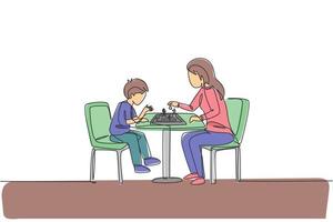 Single continuous line drawing of young mother sitting on chair think seriously playing chess against her son at home. Happy family parenthood concept. Trendy one line draw design vector illustration