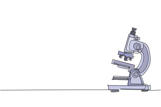Single one line drawing of lab microscope to magnify bacteria size under the lens. Back to school minimalist, education concept. Continuous simple line draw style design graphic vector illustration