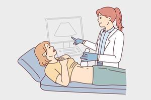 Doctor do belly ultrasound for woman lying on bed in hospital or clinic. Gynecologist or GP scan female patient abdomen. Healthcare and medicine. Vector illustration.