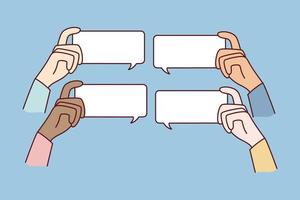 Diverse people hands holding mockup message bubbles with comments online. Users comment on internet. Talk balloons with empty copy space. Feedback and notification. vector