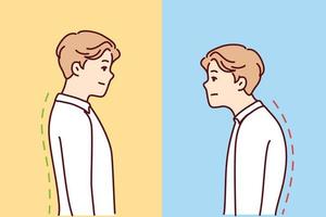Comparison of man with good and bad back posture. Male suffer from scolisosis from sedentary work. Vector illustration.