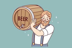 Bearded man carrying beer barrel. Smiling male barmen or waiter holding cask with alcoholic drink. Vector illustration.