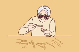 Jeweler in glasses working with rings and diamonds. Old man work with gems for jewelry at workplace. Vector illustration.