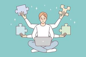 Man working on laptop solving business problem. Male employee with jigsaw puzzles above head use computer find issue solution. Vector illustration.