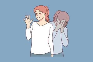 Girl pretending happy and smiling suffering from depression mental breakdown. Young woman struggle with psychology problems inside. Vector illustration.