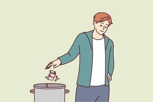 Man throws pack of cigarettes into trash can after quitting bad habit of smoking that causes cancer. Guy quits smoking and wants to start healthy lifestyle without dependence on nicotine or tobacco vector