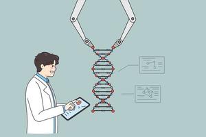 Man scientist use robotic arm work with DNA structure in modern laboratory. Male professor or researcher operate robot conduct experiments in lab. Medicine and technology. Vector illustration.