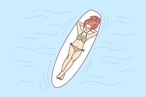 Happy woman lying on board swimming in sea on summer vacations. Smiling girl enjoy summertime in swimming pool. Recreation concept. Vector illustration.