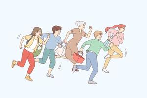 People running go shopping on sales. Excited shopaholics rush hurry for discounts or promotion. Vector illustration.