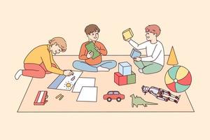 Happy kids sitting on floor playing with toys together. Smiling children have fun enjoy game activity in group. Childhood. Vector illustration.