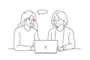 Smiling young woman help elderly female deal with modern laptop. Happy grownup daughter and mature mom use computer together. Technology and aged people. Vector illustration.